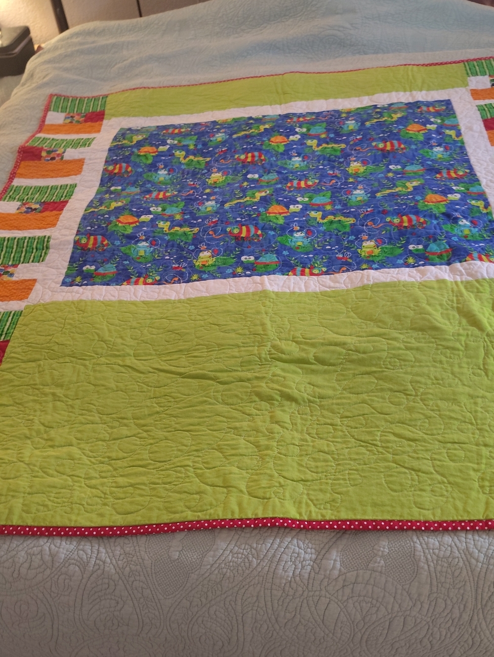 Children's Frog/Turtle Handmade Patchwork Quilt - Green & Blue